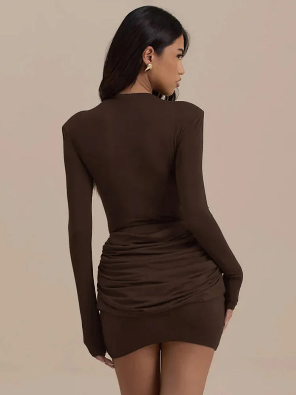 Women’s Long Sleeve Ruched Mini Dress with Straight Neckline