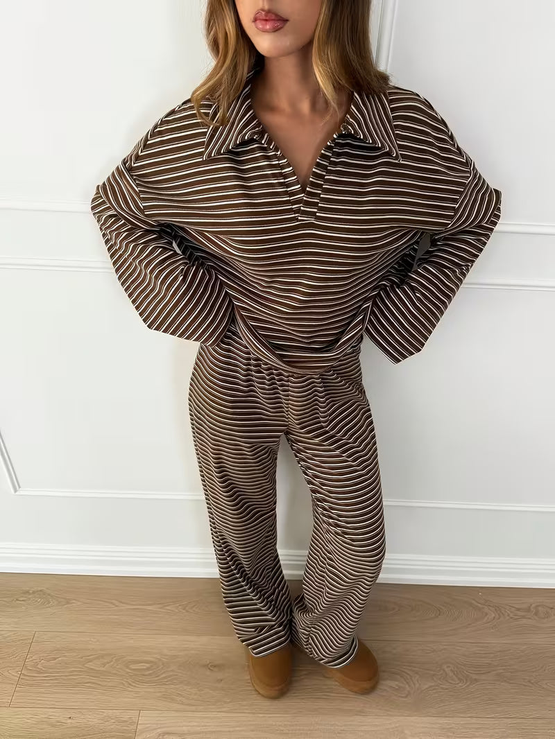 Women’s Long Sleeve Striped Shirt and Trousers Set