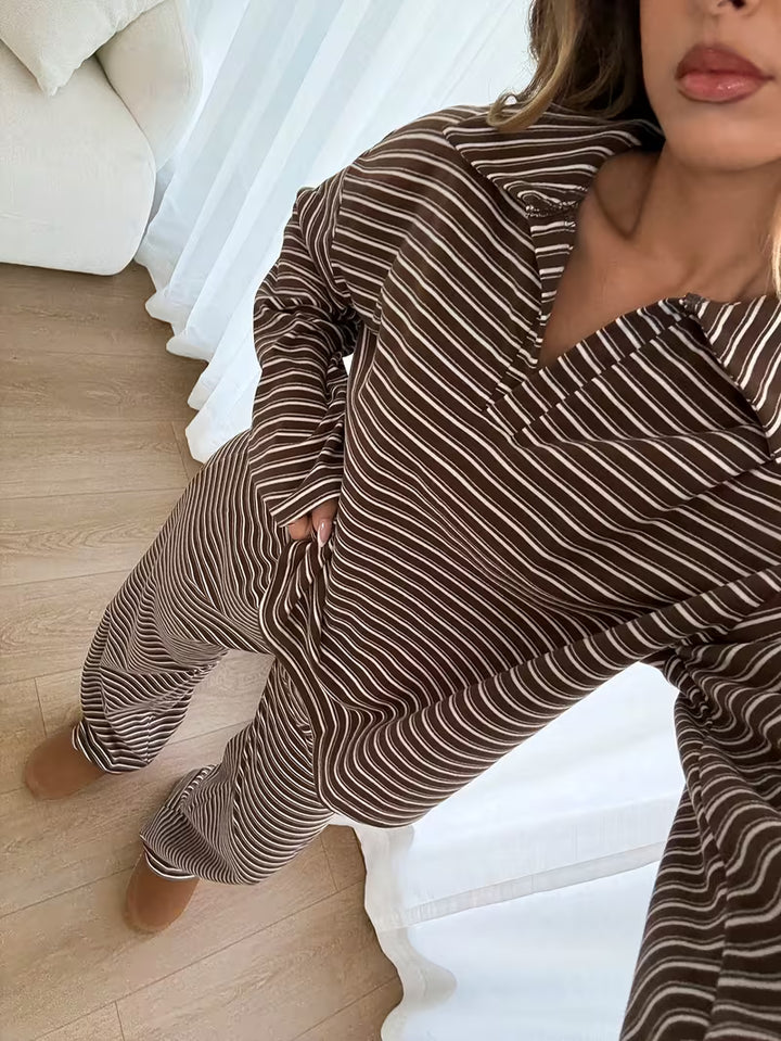 Women’s Long Sleeve Striped Shirt and Trousers Set