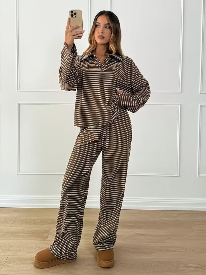 Women’s Long Sleeve Striped Shirt and Trousers Set
