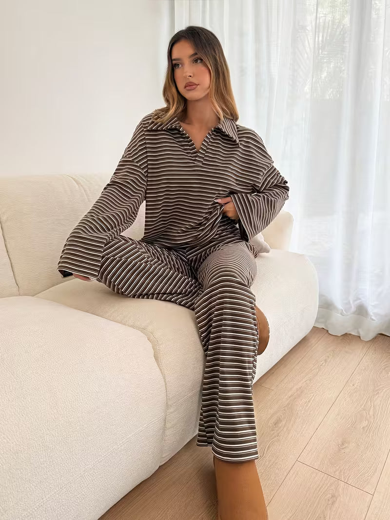 Women’s Long Sleeve Striped Shirt and Trousers Set