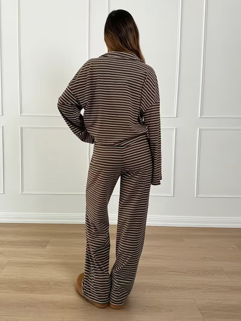 Women’s Long Sleeve Striped Shirt and Trousers Set