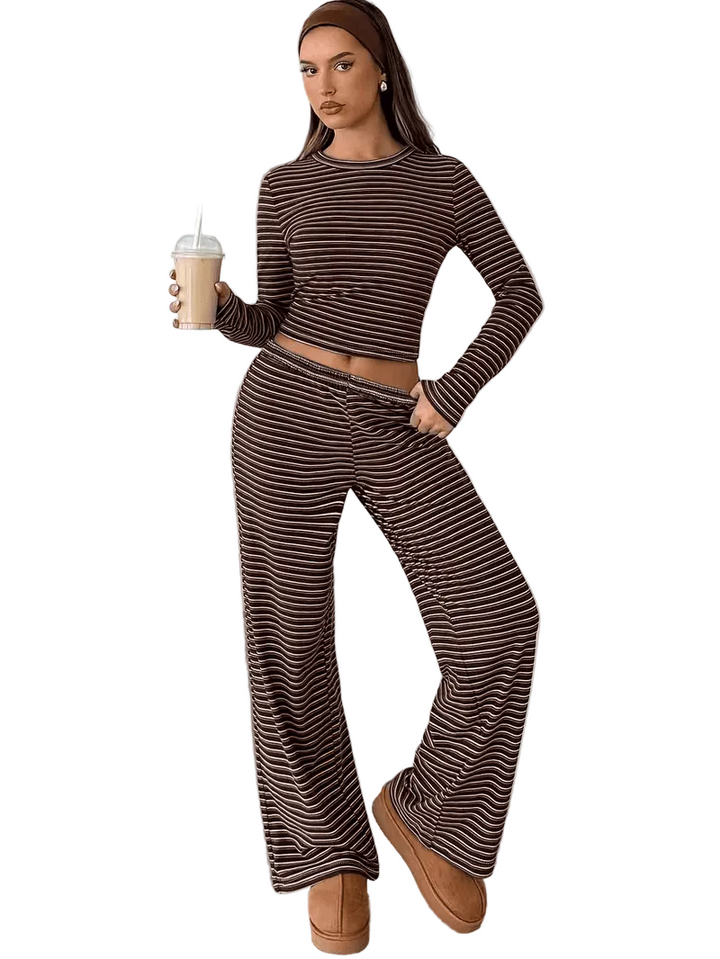 Women’s Long Sleeve Top and Wide Leg Trousers Set with Stripe Pattern