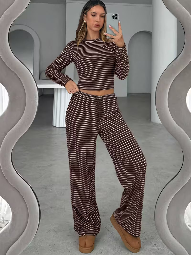 Women’s Long Sleeve Top and Wide Leg Trousers Set with Stripe Pattern