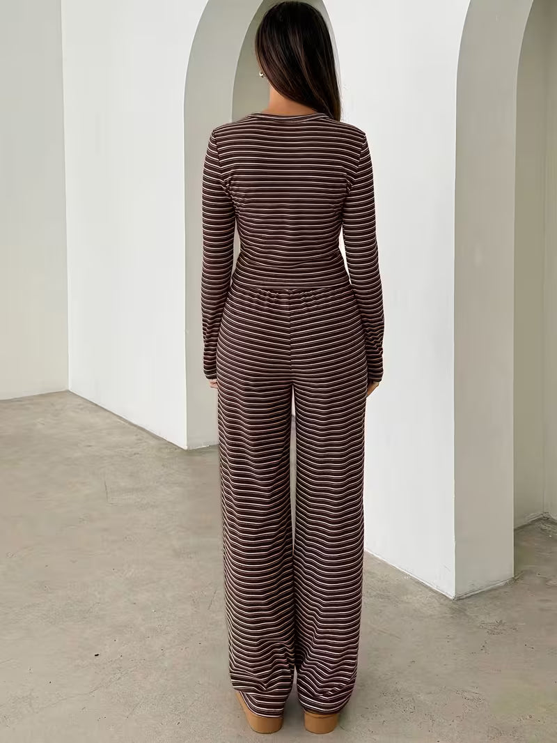 Women’s Long Sleeve Top and Wide Leg Trousers Set with Stripe Pattern