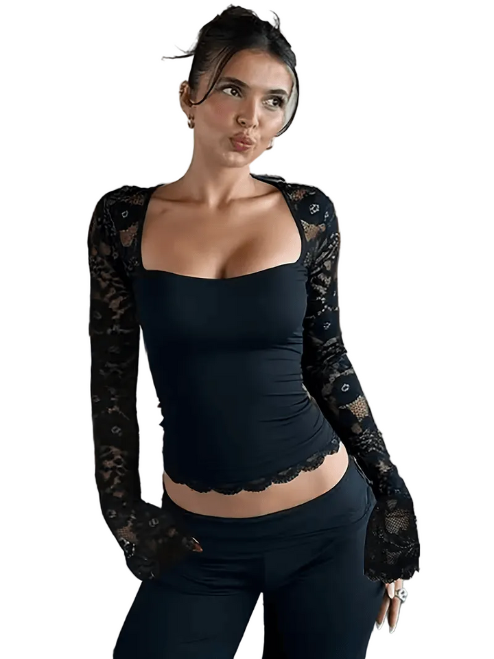 Women’s Long Sleeve Top with Lace Sleeves and Square Neckline