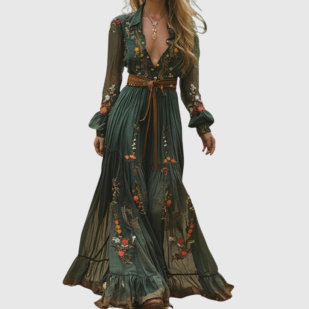 Women’s Long Sleeve V Neck Floral Embroidered Maxi Dress with Waist Belt