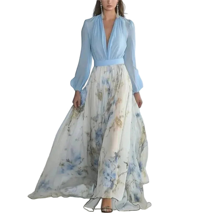 Women’s Long Sleeve V Neck Printed Maxi Dress with Sheer Skirt