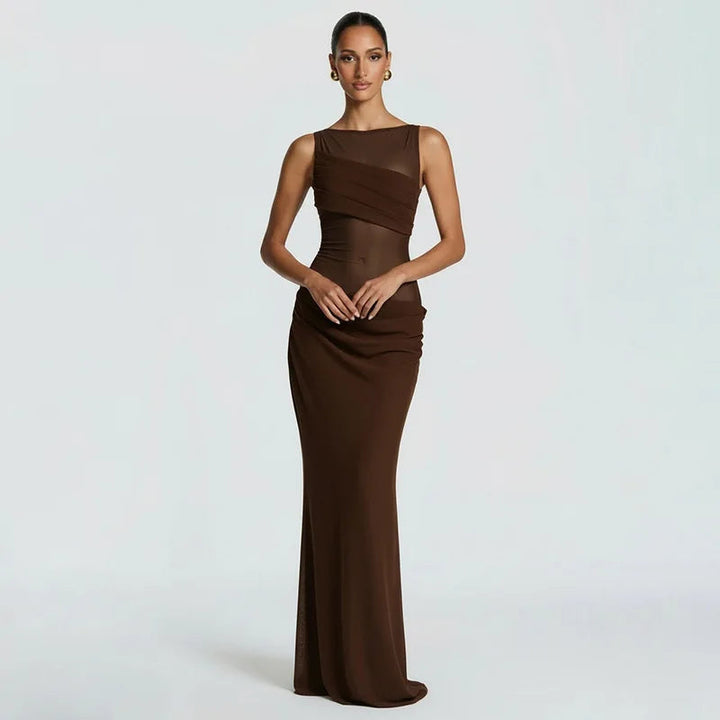 Women’s Maxi Dress with Boat Neck and Sheer Panel Detail