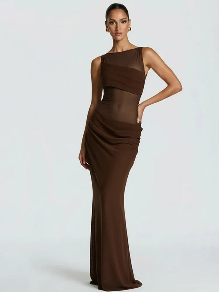Women’s Maxi Dress with Boat Neck and Sheer Panel Detail