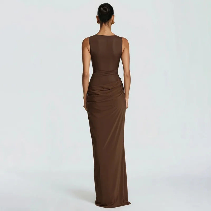 Women’s Maxi Dress with Boat Neck and Sheer Panel Detail