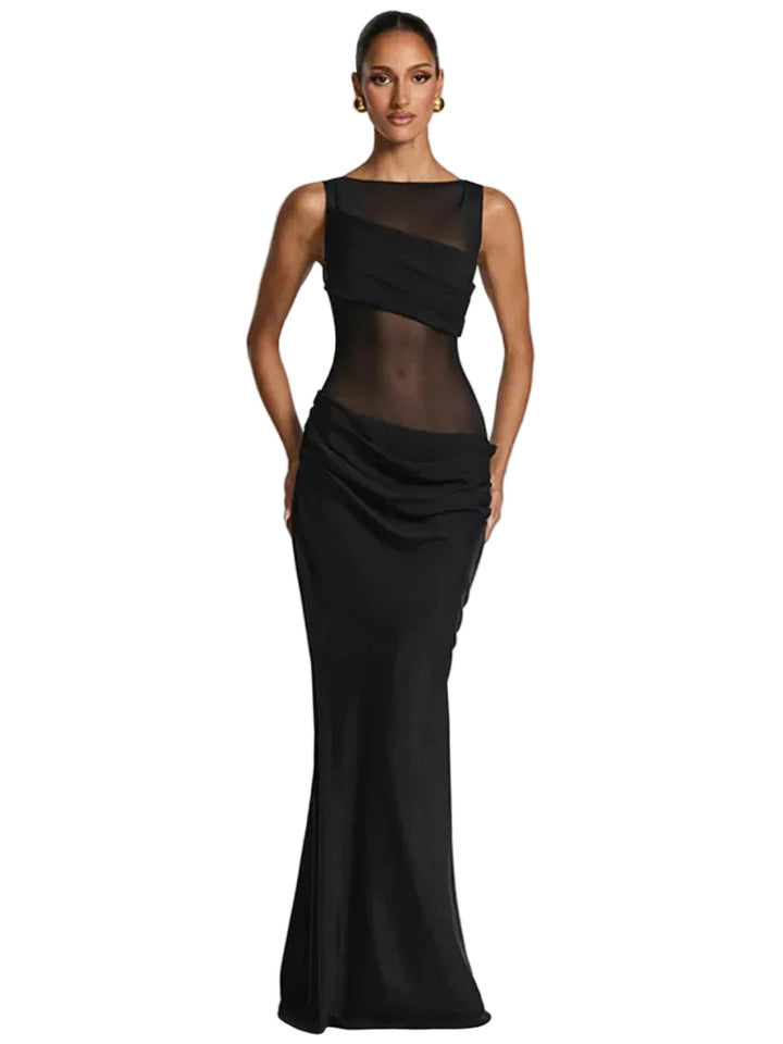 Women’s Maxi Dress with Boat Neck and Sheer Panel Detail