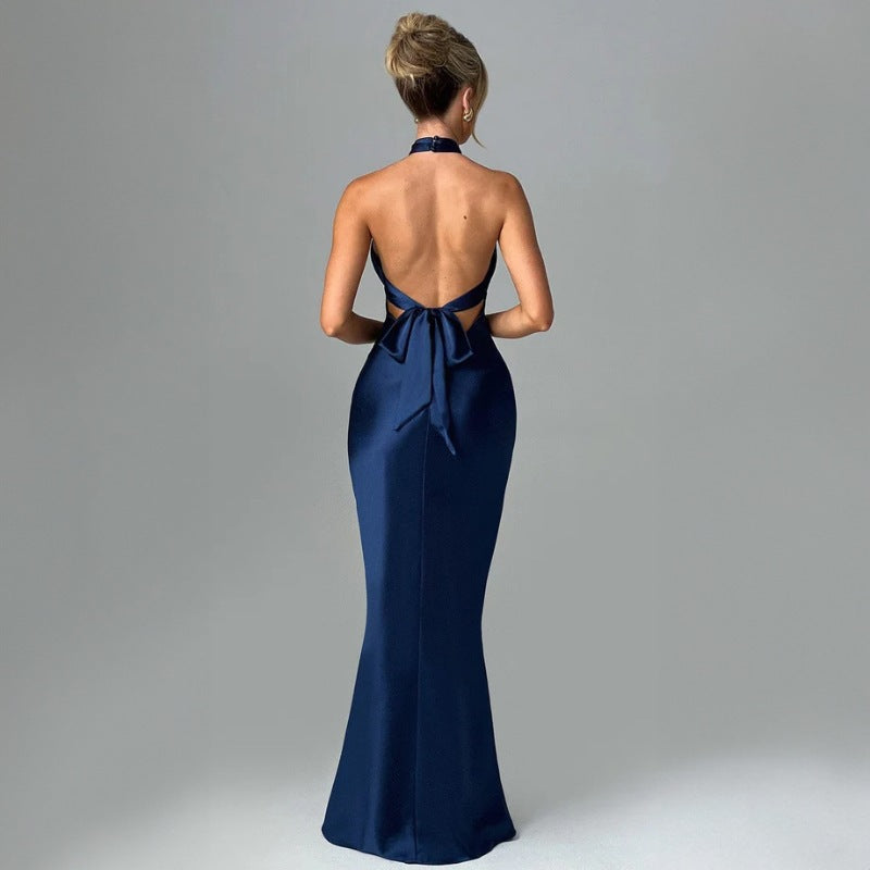 Women’s Maxi Dress with Cross Halter Neck and Fitted Silhouette