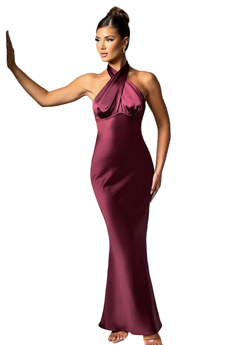 Women’s Maxi Dress with Cross Halter Neck and Fitted Silhouette