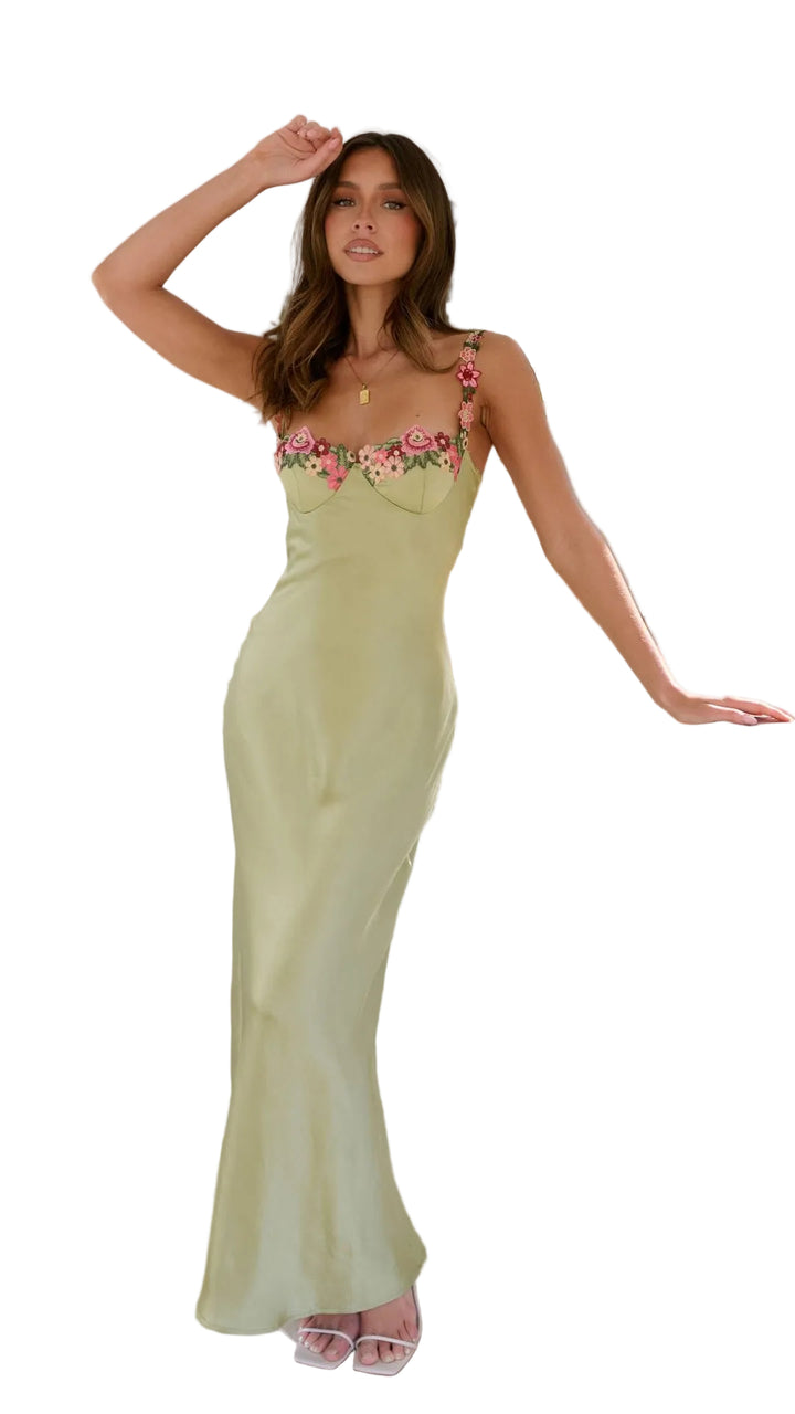 Women’s Maxi Dress with Floral Strap Detail and Straight Neckline
