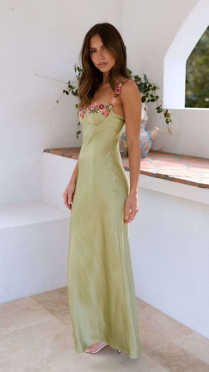Women’s Maxi Dress with Floral Strap Detail and Straight Neckline