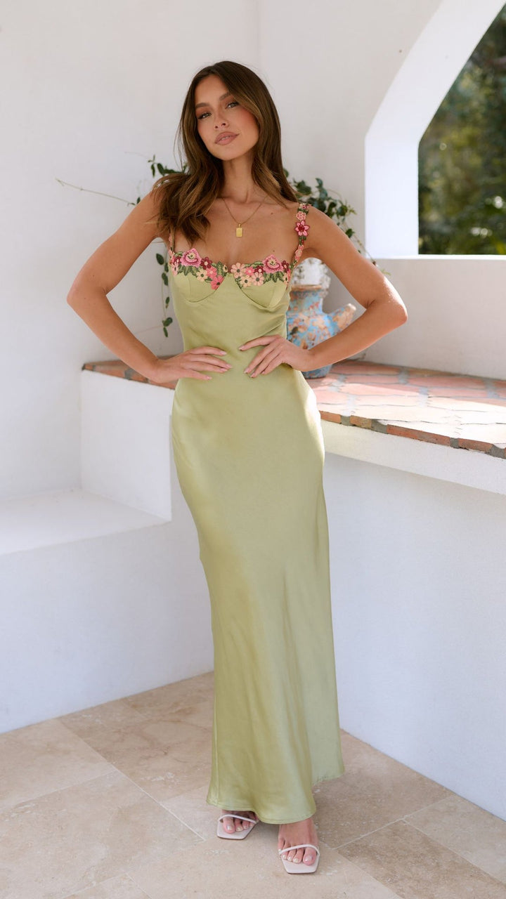 Women’s Maxi Dress with Floral Strap Detail and Straight Neckline