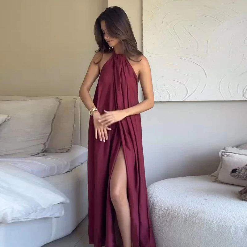 Women’s Maxi Dress with Halter Neck and Draped Front Opening