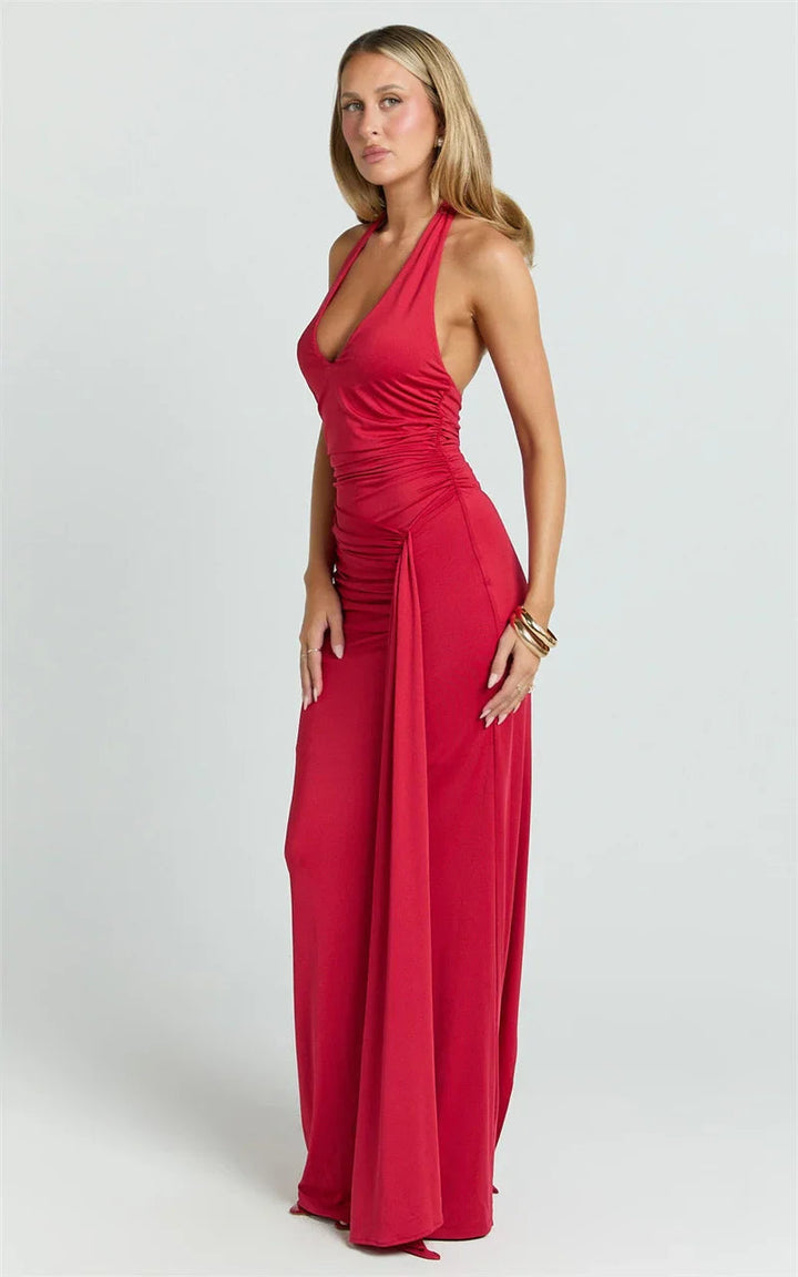 Women’s Maxi Dress with Halter Neck and Ruched Side Detail