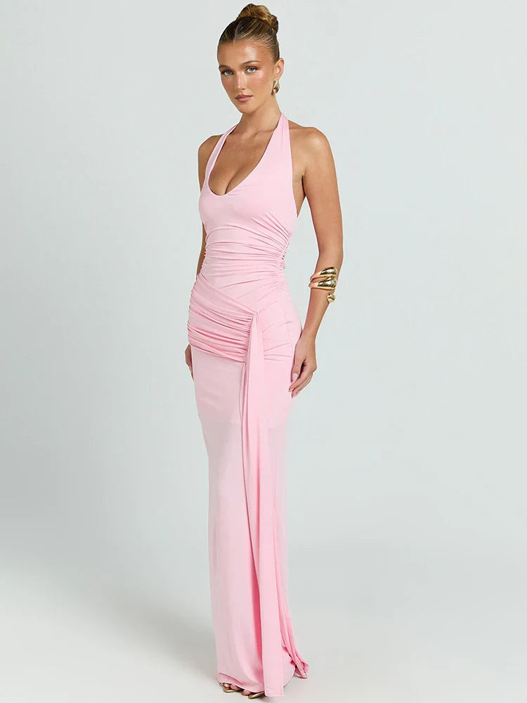 Women’s Maxi Dress with Halter Neck and Ruched Side Detail