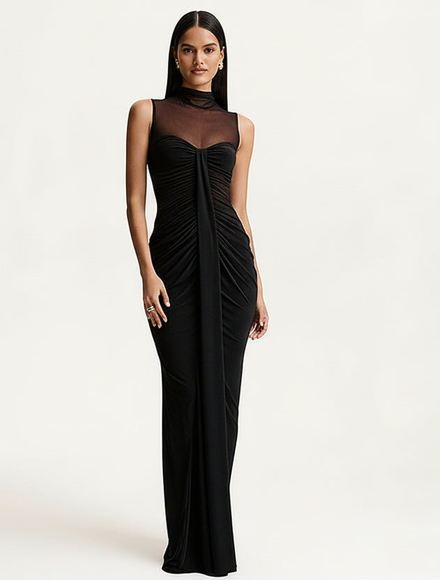 Women’s Maxi Dress with High Neck and Ruched Front Detail