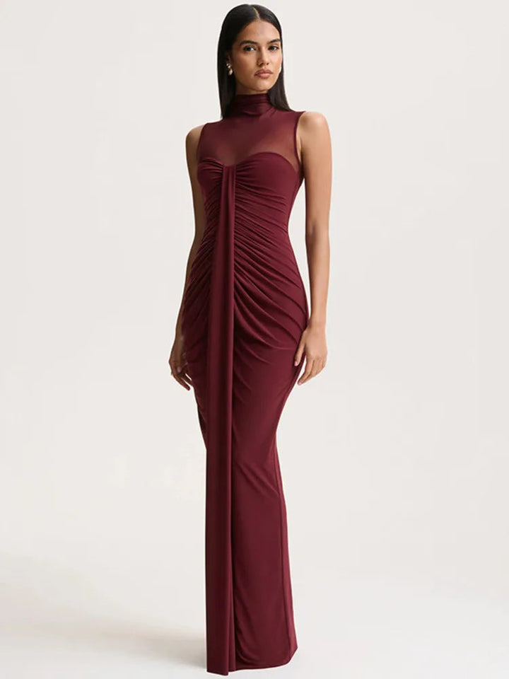 Women’s Maxi Dress with High Neck and Ruched Front Detail