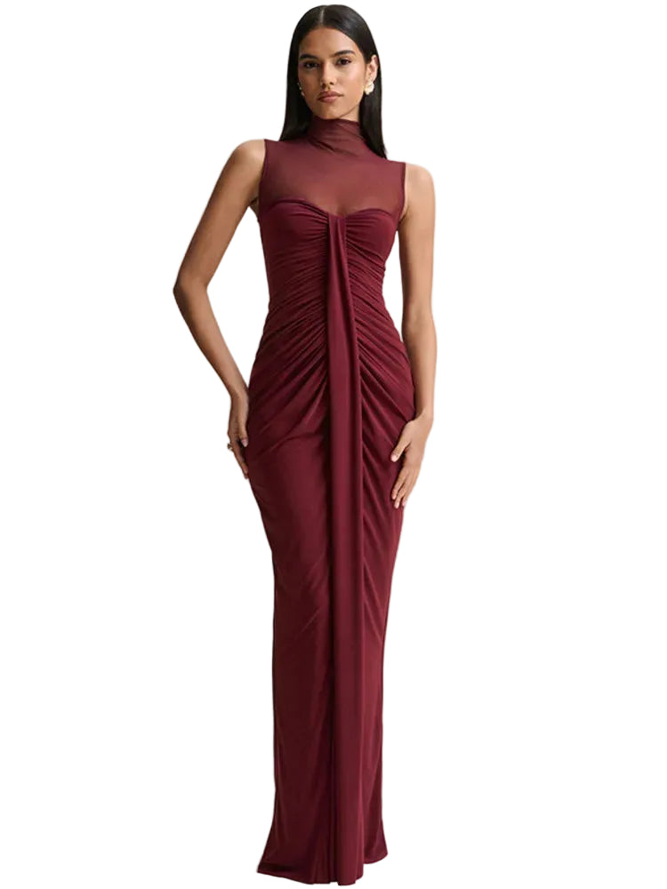 Women’s Maxi Dress with High Neck and Ruched Front Detail