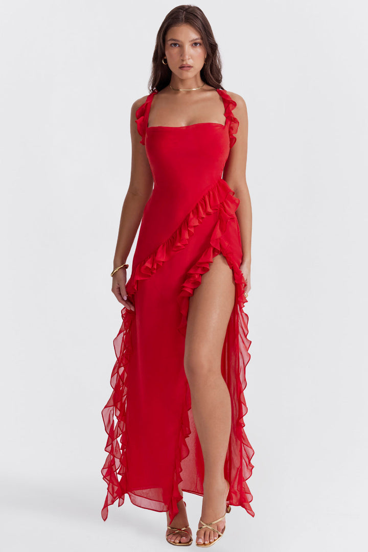 Women’s Maxi Dress with Ruffle Detail and Shoulder Straps