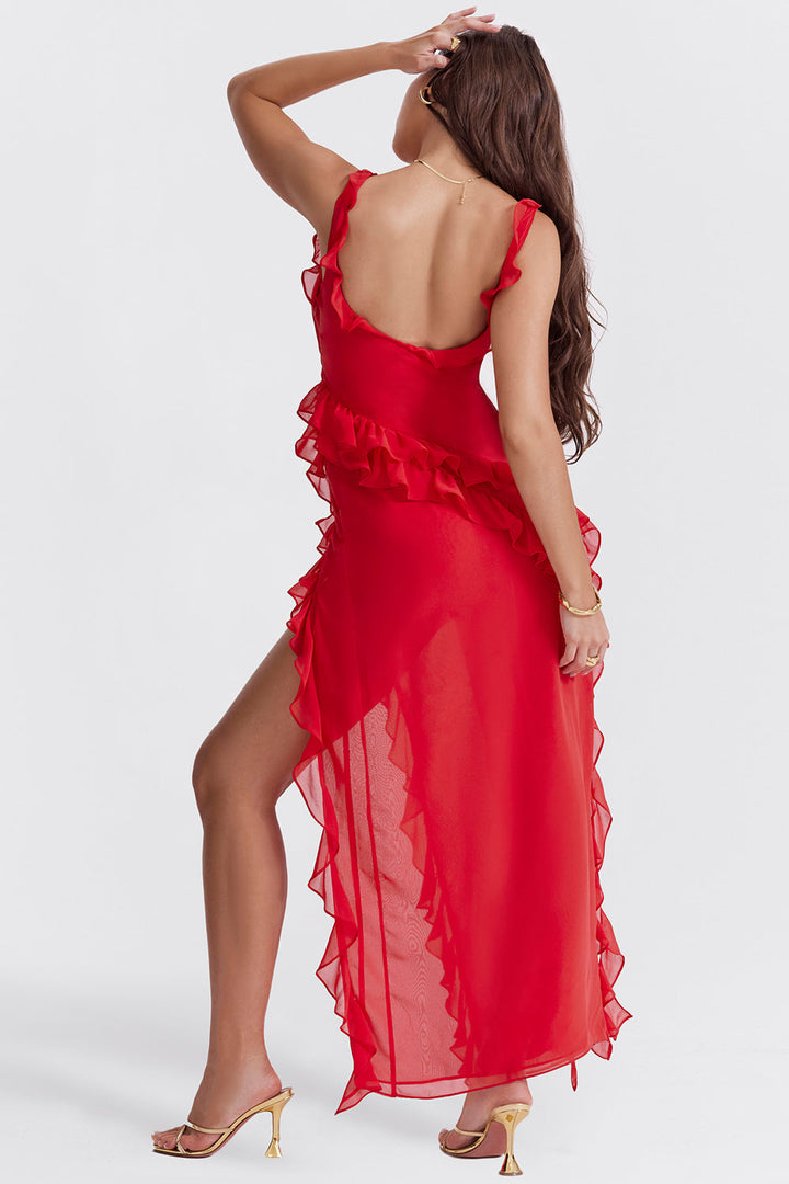 Women’s Maxi Dress with Ruffle Detail and Shoulder Straps