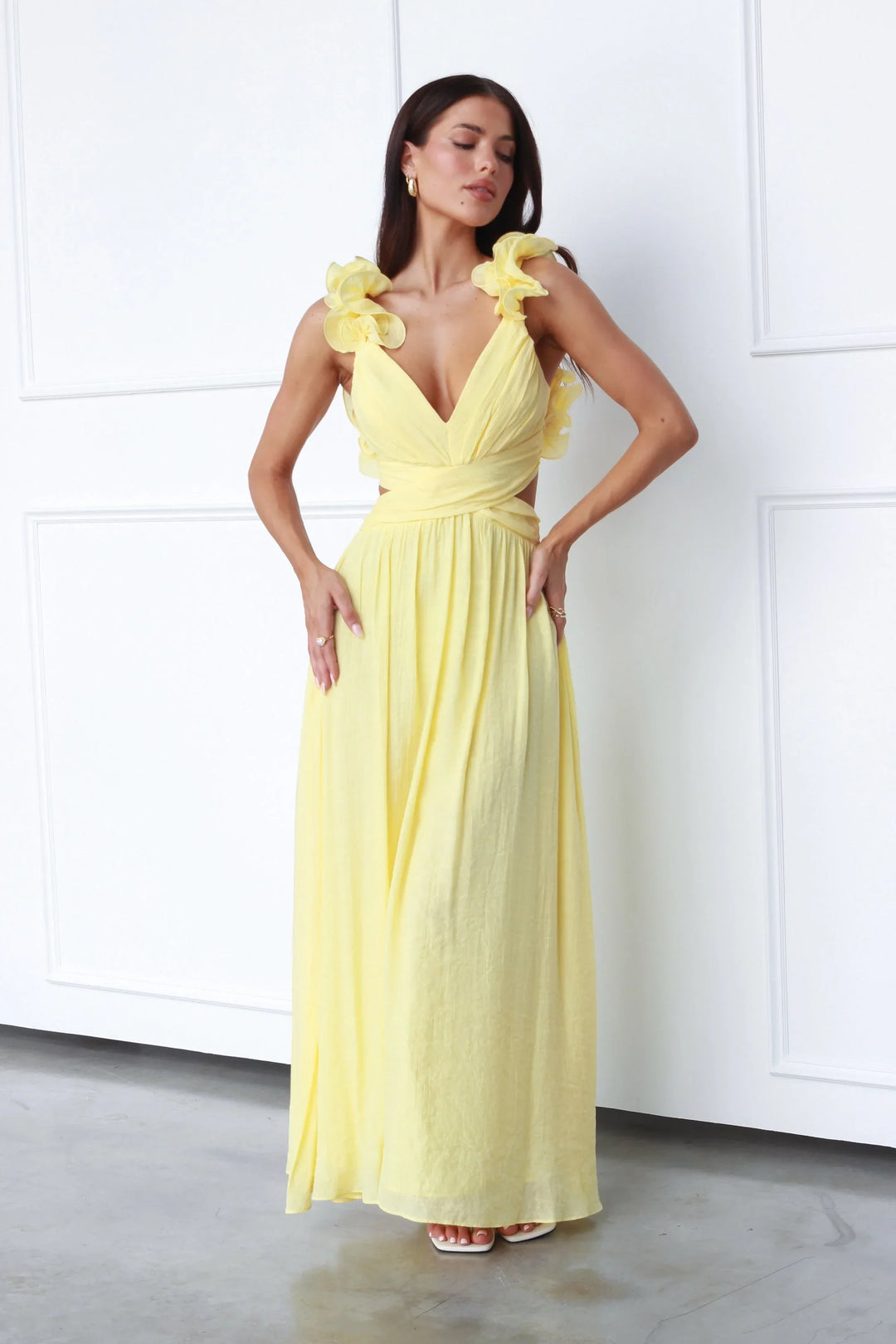 Women’s Maxi Dress with V-Neckline and Shoulder Ruffle Detail