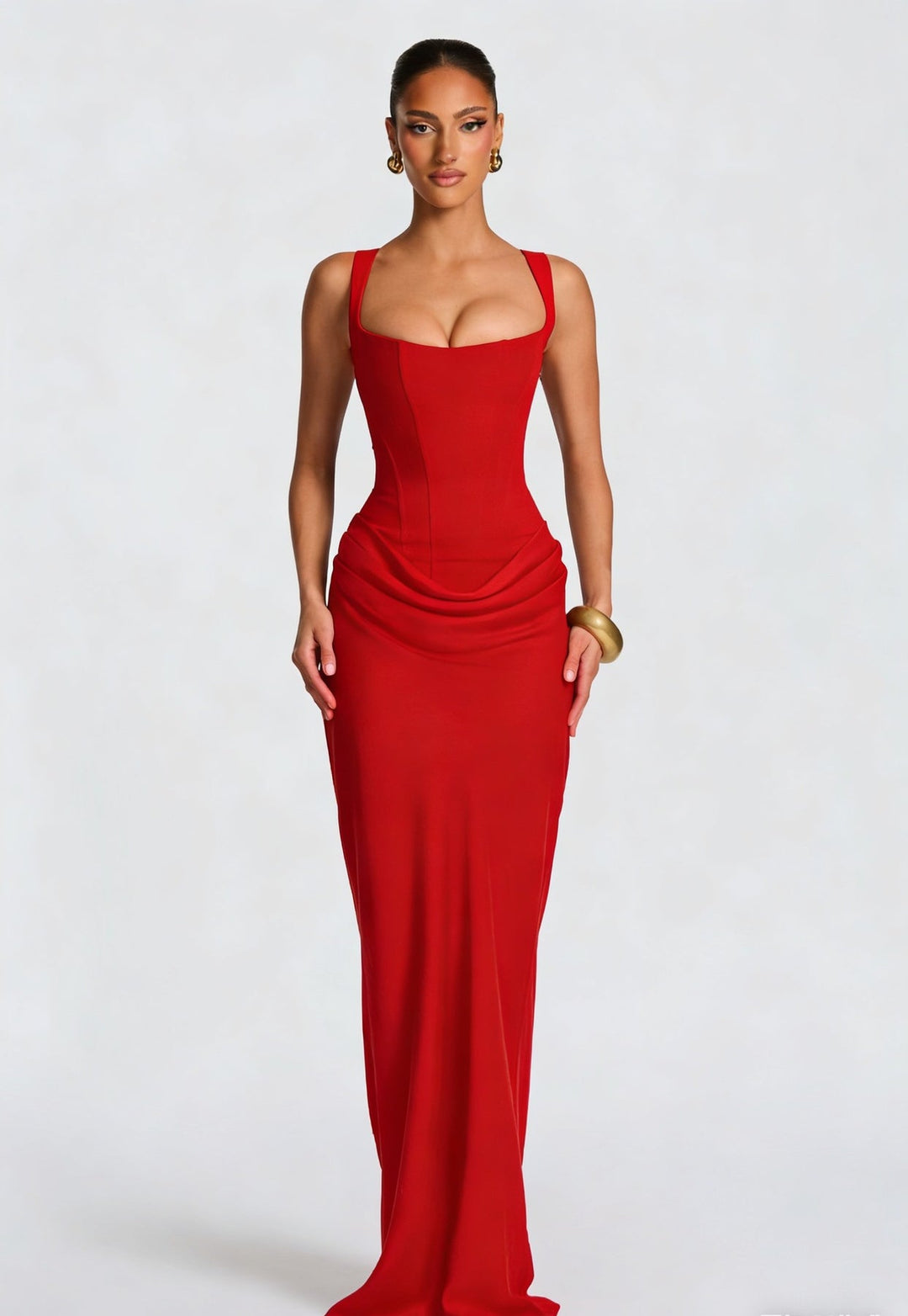 Women’s Maxi Dress with Wide Straps and Draped Waist Detail