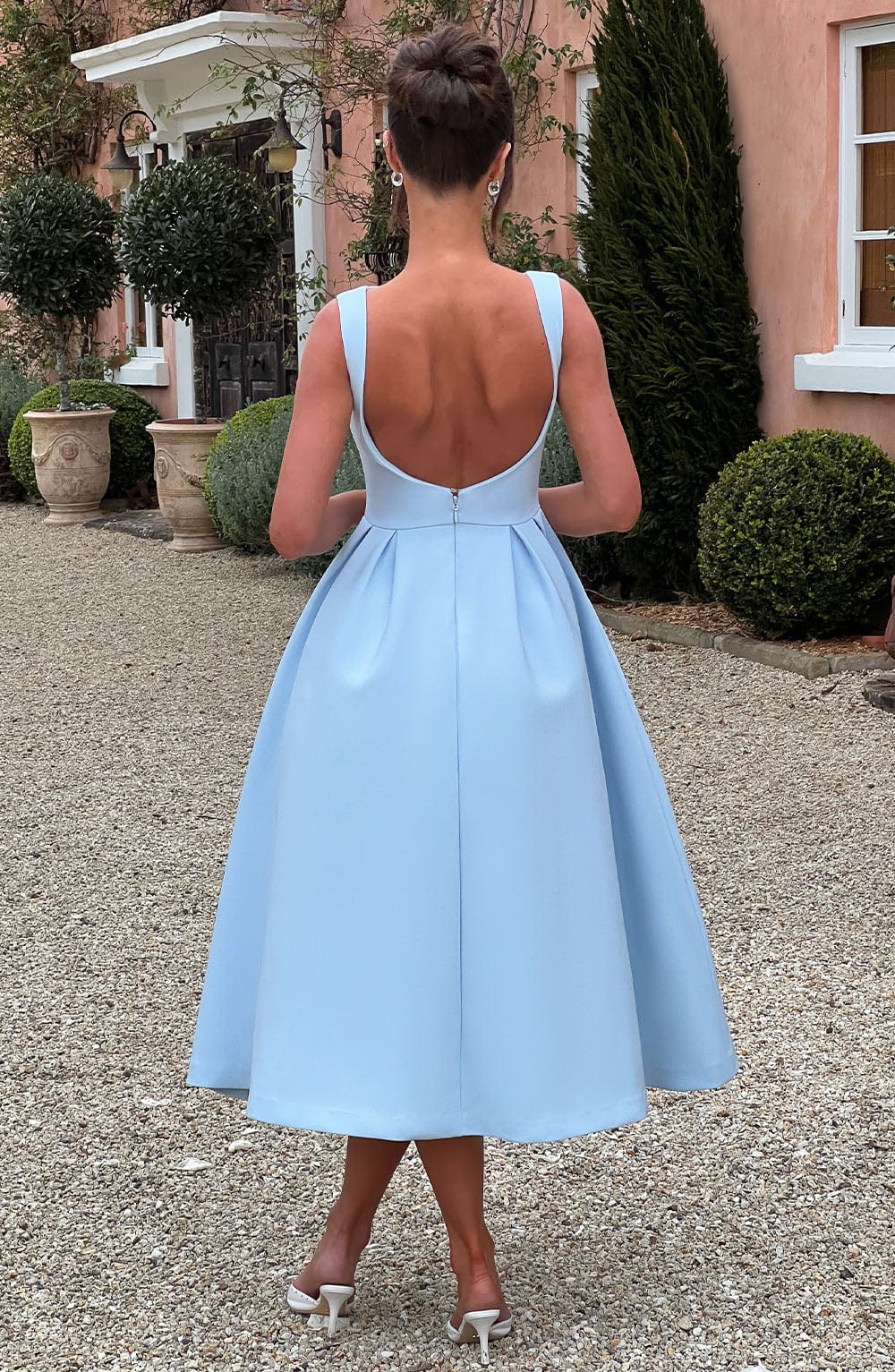 Women’s Midi Dress with Boat Neck and Pleated Skirt