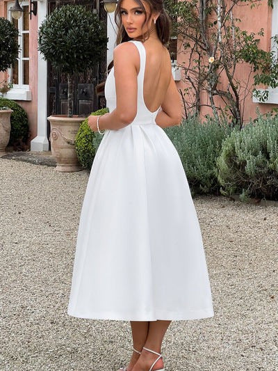 Women’s Midi Dress with Boat Neck and Pleated Skirt