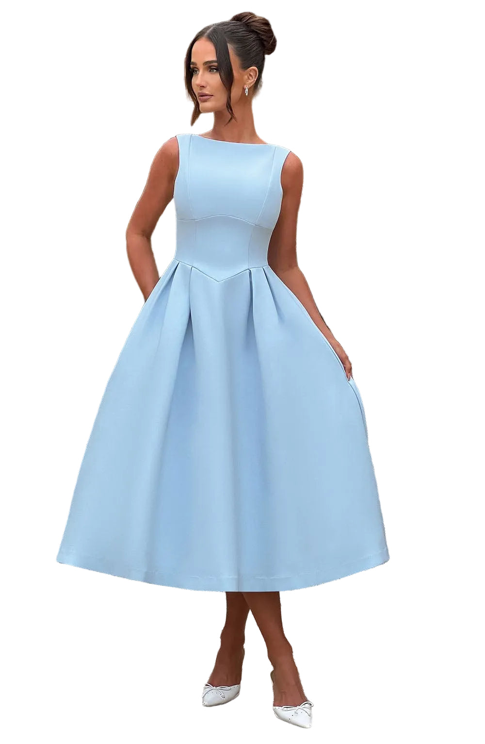 Women’s Midi Dress with Boat Neck and Pleated Skirt