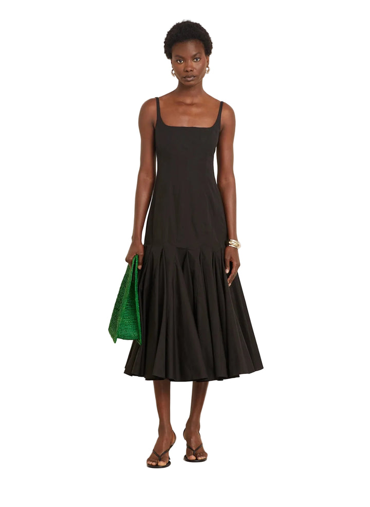 Women’s Midi Dress with Square Neck and Pleated Skirt Panel