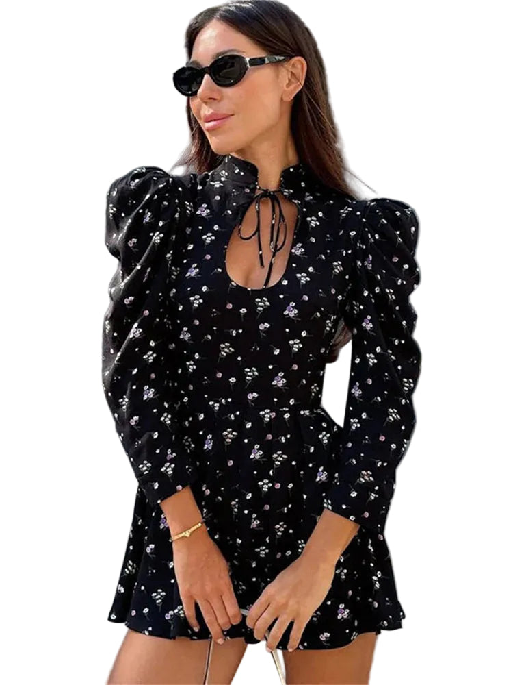 Women’s Mini Dress with High Neck and Puff Sleeves