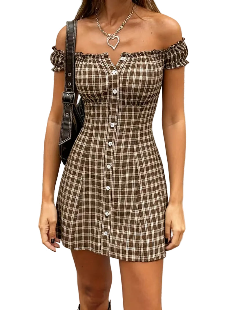 Women’s Off Shoulder Check Button Front Mini Dress