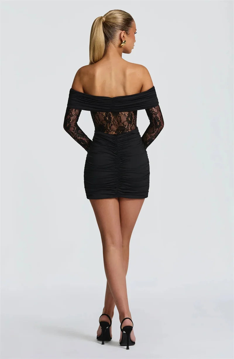Women’s Off Shoulder Lace Panel Ruched Mini Dress