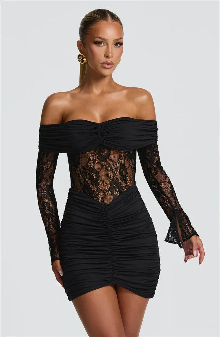 Women’s Off Shoulder Lace Panel Ruched Mini Dress