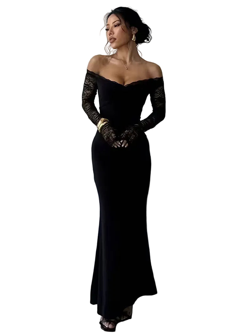 Women’s Off Shoulder Lace Sleeve Maxi Dress