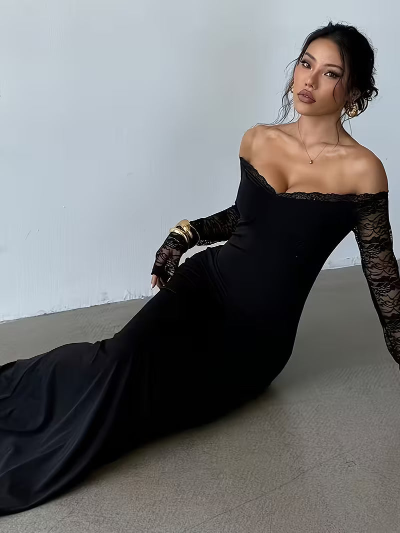 Women’s Off Shoulder Lace Sleeve Maxi Dress