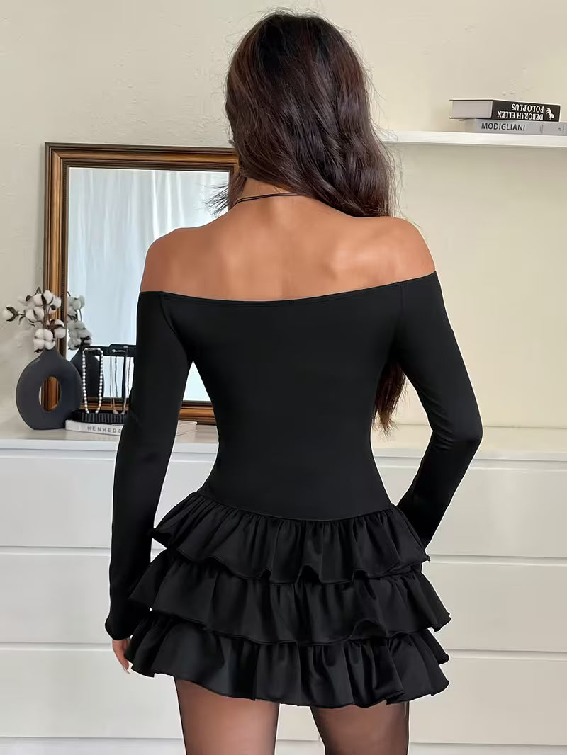Women’s Off Shoulder Long Sleeve Ruffle Mini Dress
