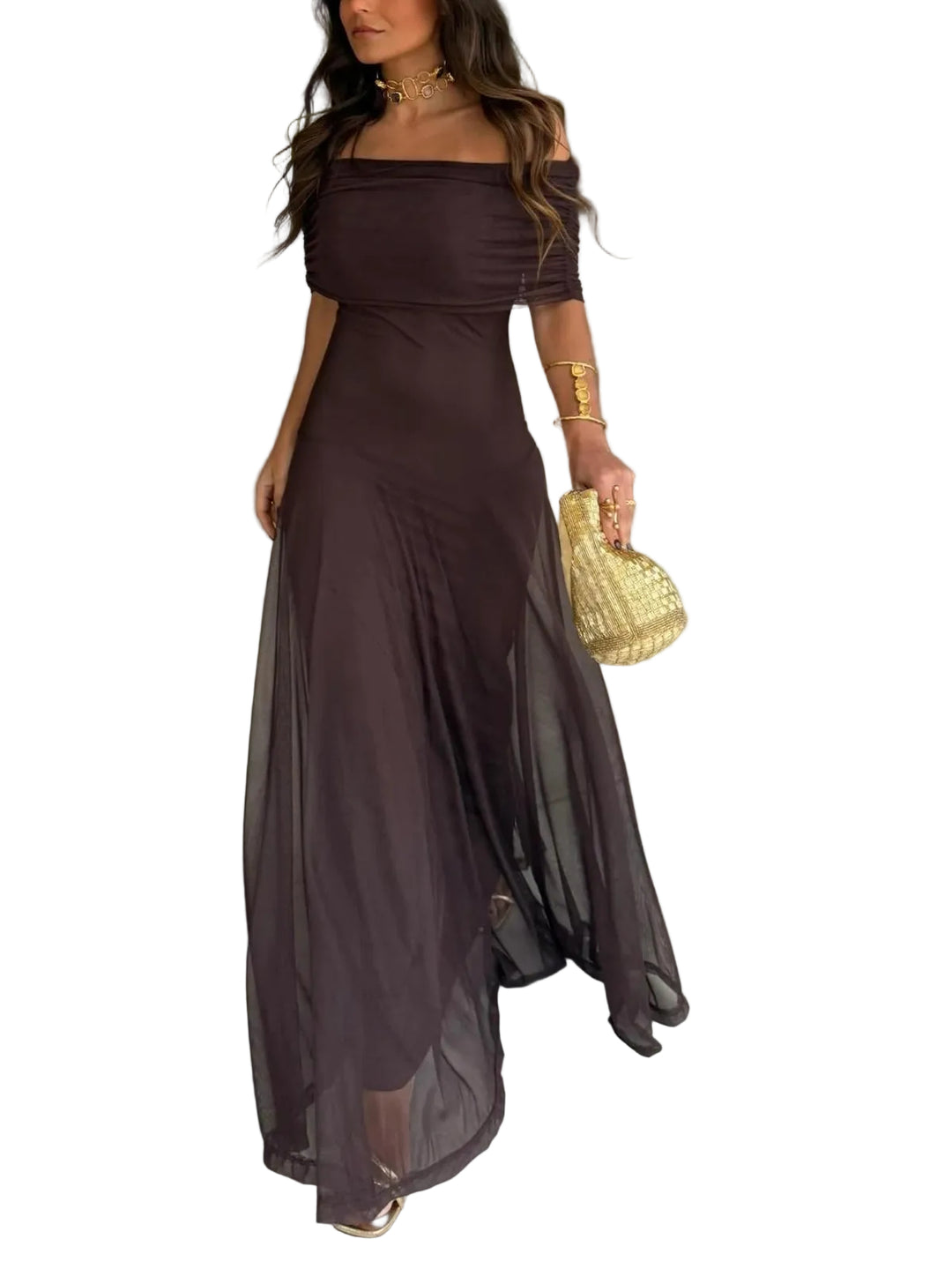 Women’s Off-Shoulder Maxi Dress with Sheer Overlay