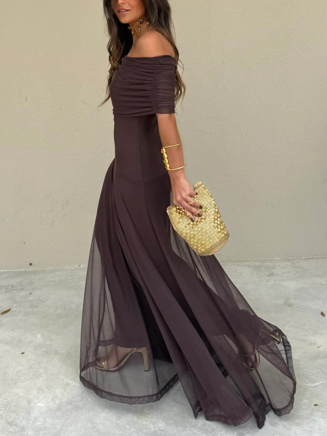 Women’s Off-Shoulder Maxi Dress with Sheer Overlay