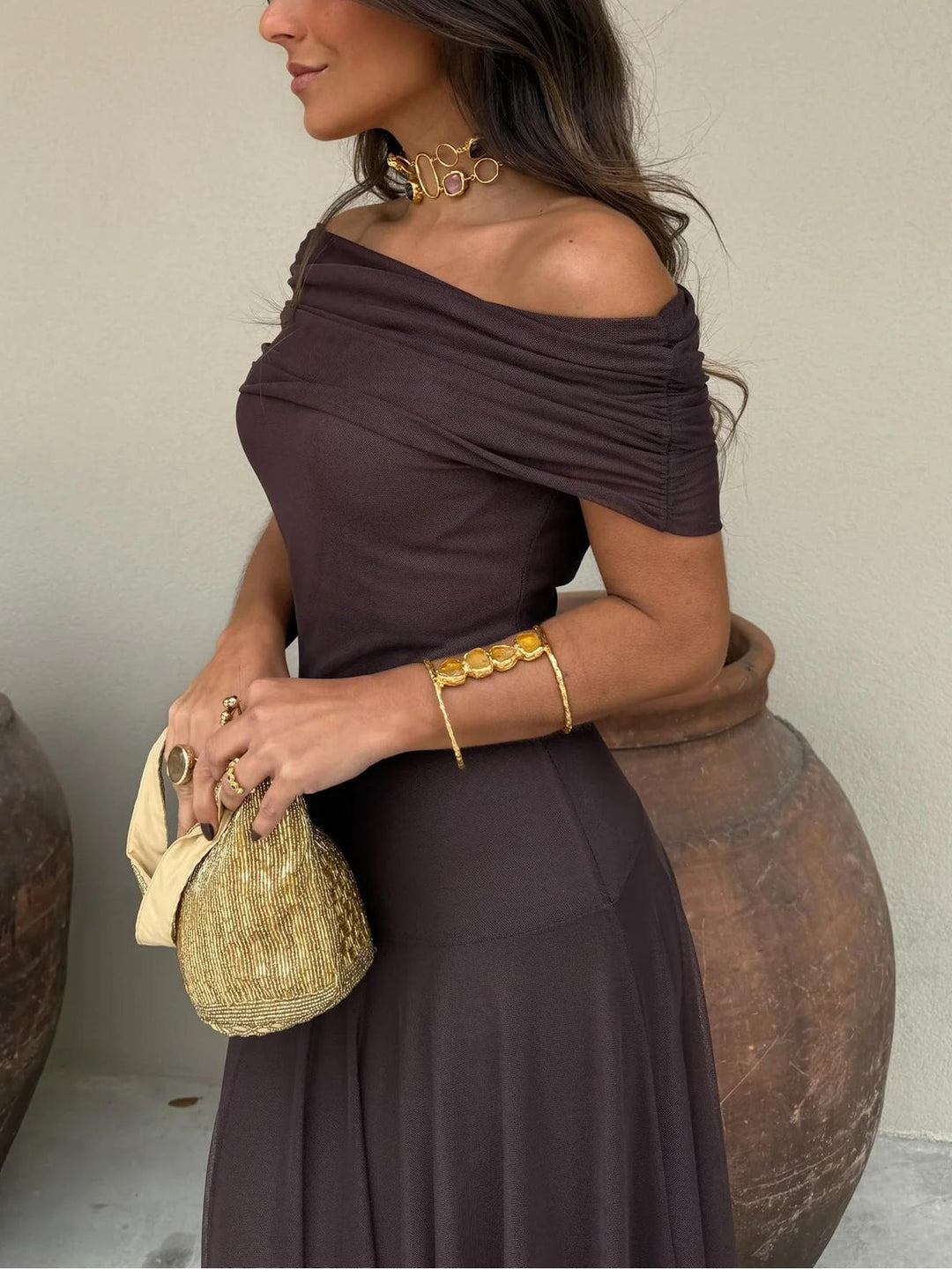 Women’s Off-Shoulder Maxi Dress with Sheer Overlay