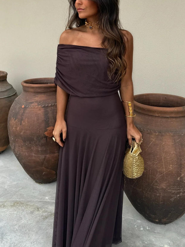 Women’s Off-Shoulder Maxi Dress with Sheer Overlay