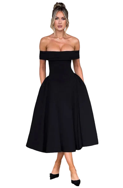 Women’s Off-Shoulder Midi Dress with Folded Neckline and Flared Skirt