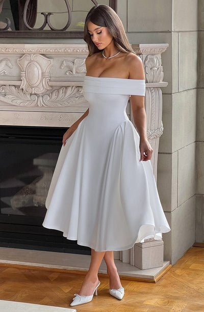 Women’s Off-Shoulder Midi Dress with Folded Neckline and Flared Skirt