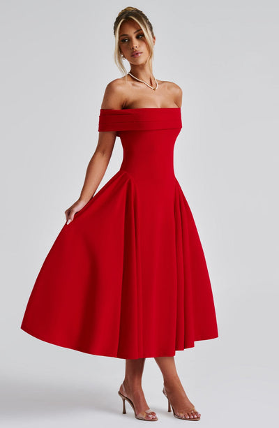 Women’s Off-Shoulder Midi Dress with Folded Neckline and Flared Skirt