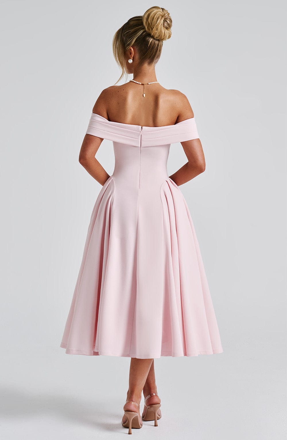 Women’s Off-Shoulder Midi Dress with Folded Neckline and Flared Skirt